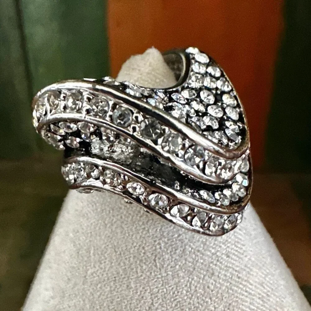 Silver-Tone Rhinestone Wave Statement Ring